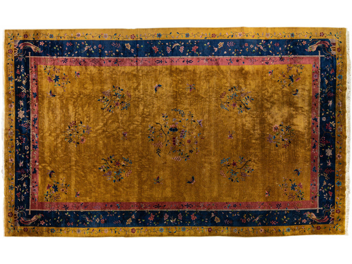 Goldenrod Antique Art Deco Handmade Chinese Floral Motif Wool Rug