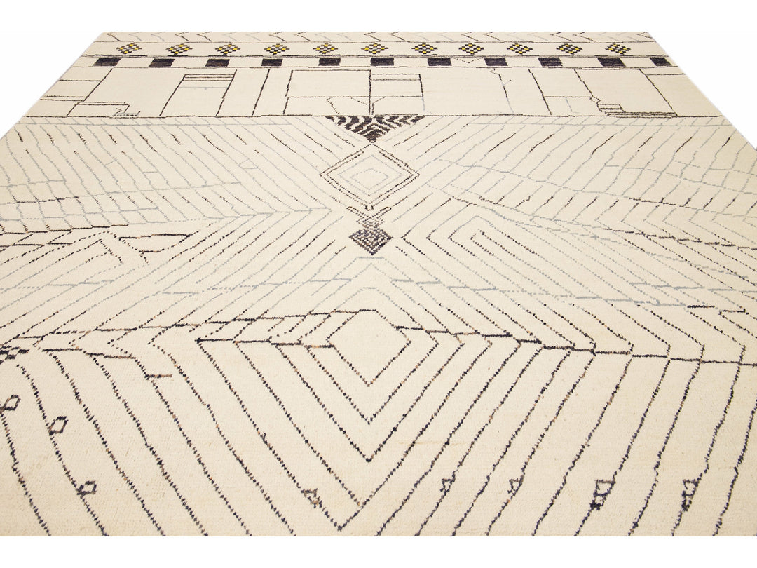Modern Moroccan Style Handmade Geometric Pattern Beige And Gray Boho Wool Rug
