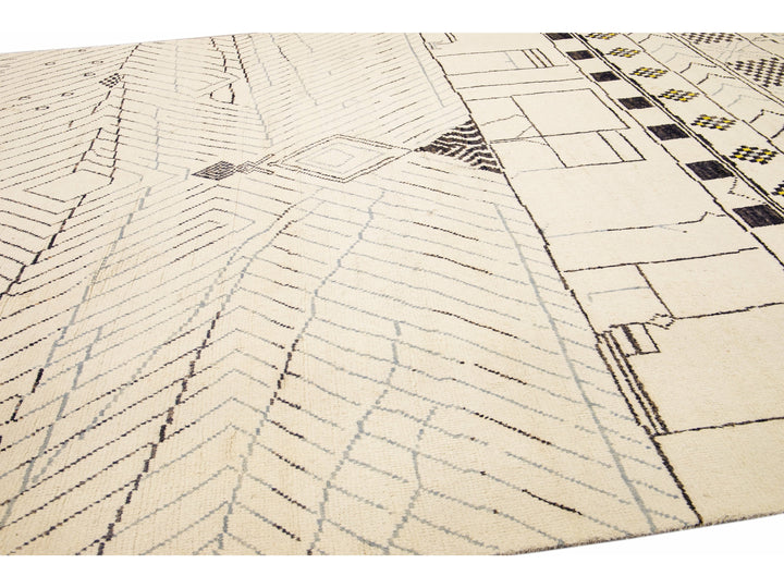 Modern Moroccan Style Handmade Geometric Pattern Beige And Gray Boho Wool Rug
