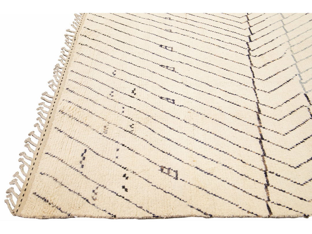 Modern Moroccan Style Handmade Geometric Pattern Beige And Gray Boho Wool Rug