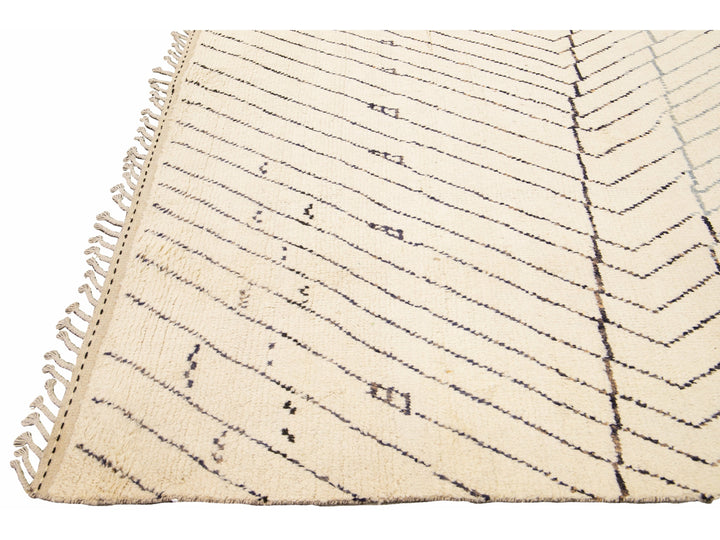 Modern Moroccan Style Handmade Geometric Pattern Beige And Gray Boho Wool Rug
