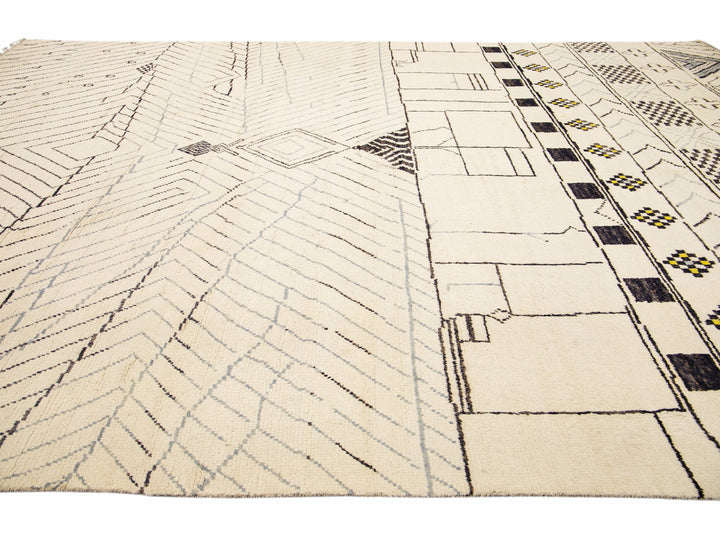 Modern Moroccan Style Handmade Geometric Pattern Beige And Gray Boho Wool Rug