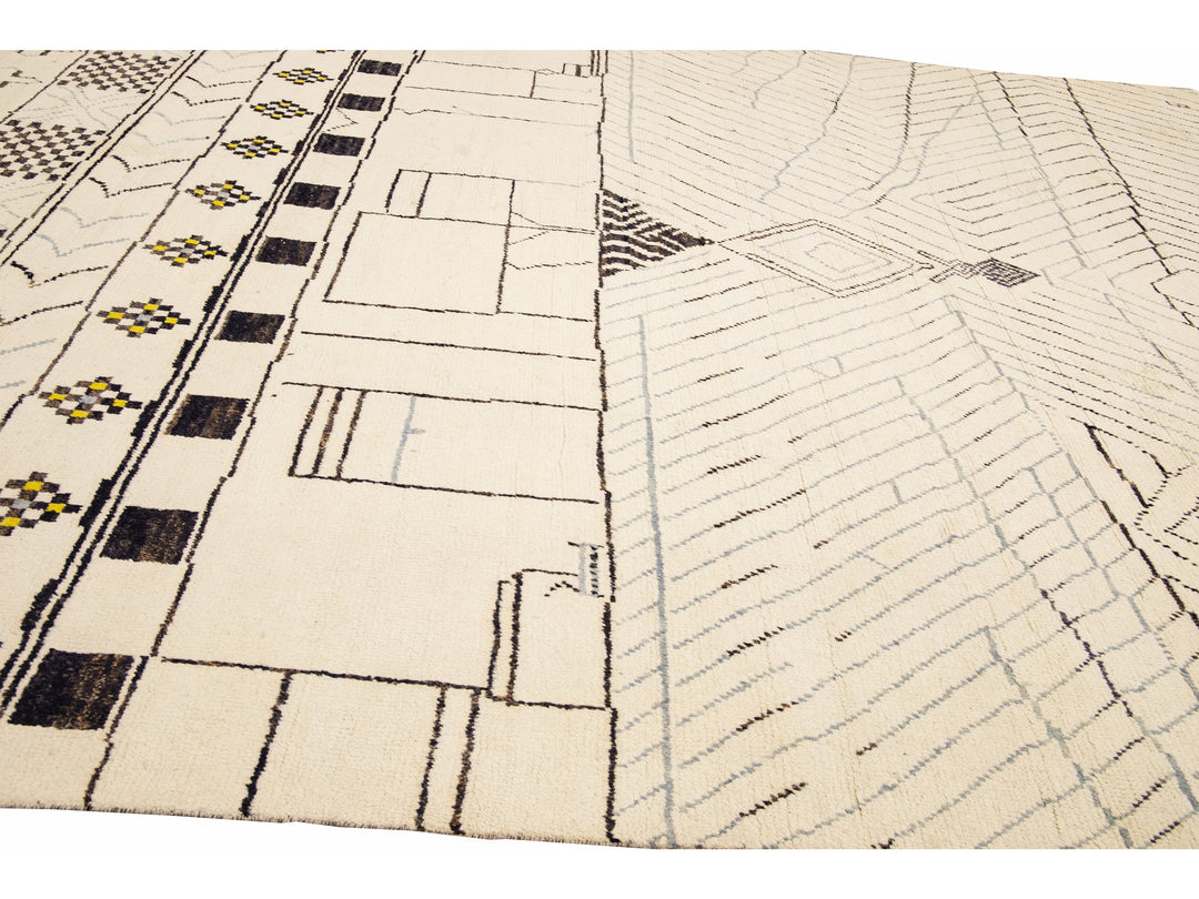 Modern Moroccan Style Handmade Geometric Pattern Beige And Gray Boho Wool Rug
