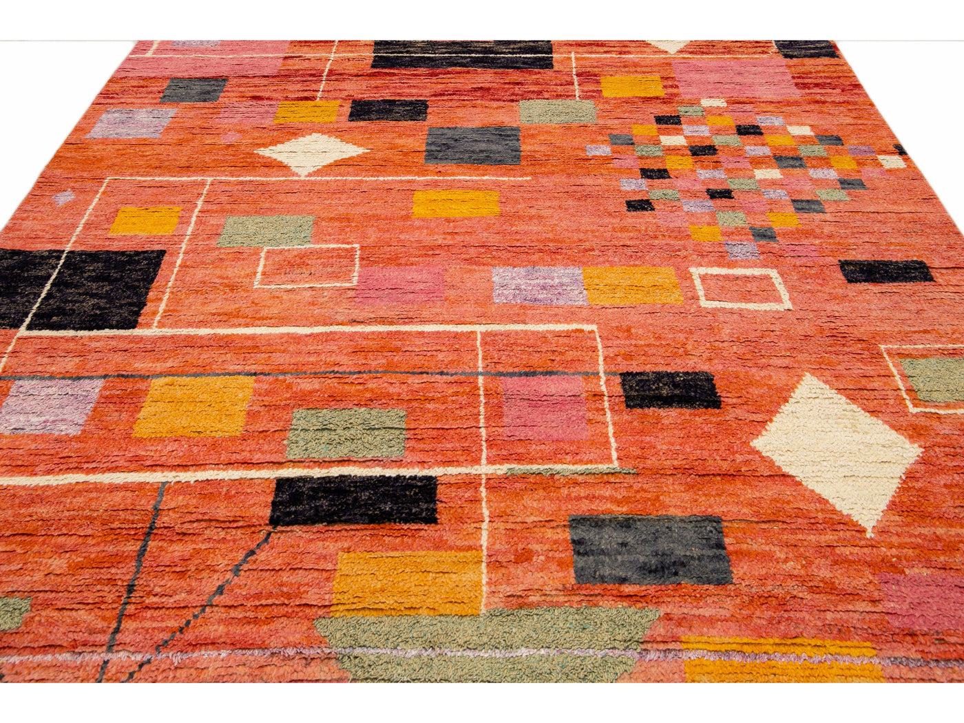 Modern Moroccan Style Handmade Geometric Designed Orange Boho Wool Rug