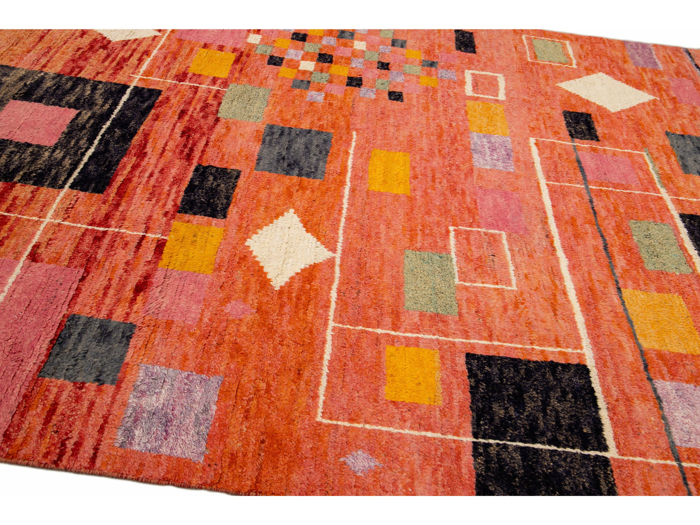 Modern Moroccan Style Handmade Geometric Designed Orange Boho Wool Rug