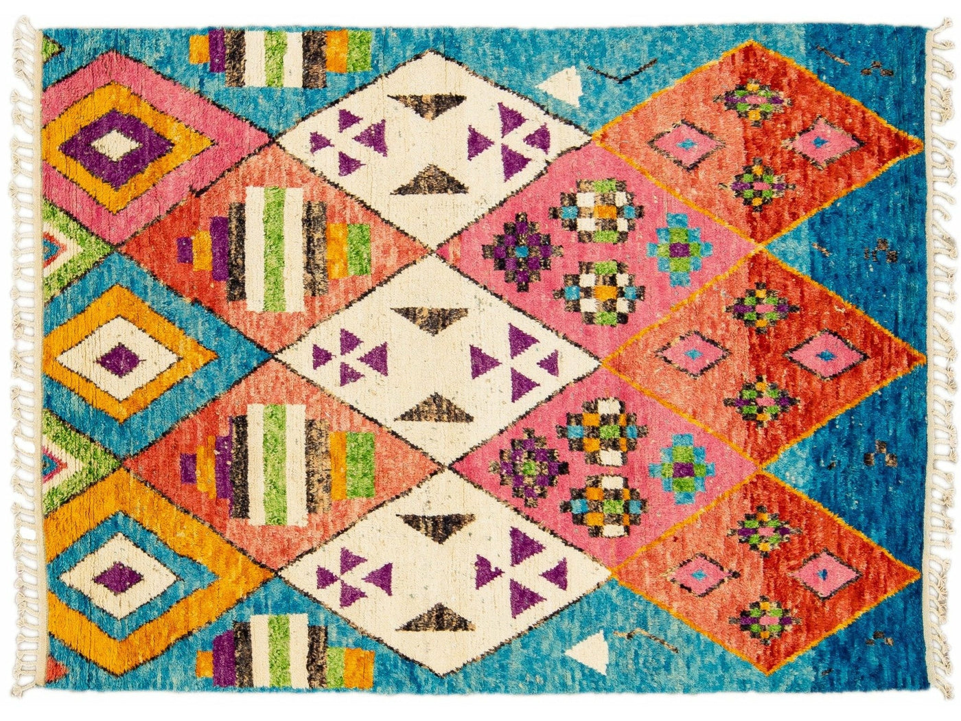 Modern Moroccan Style Handmade Multicolor Tribal Blue Boho Wool Rug