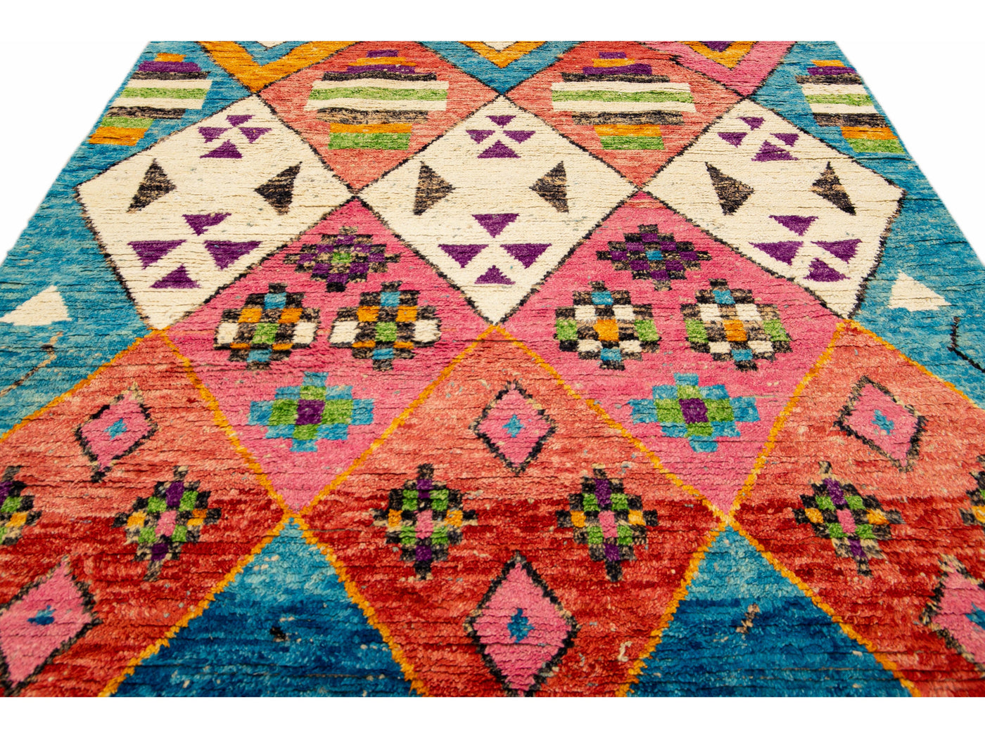 Modern Moroccan Style Handmade Multicolor Tribal Blue Boho Wool Rug