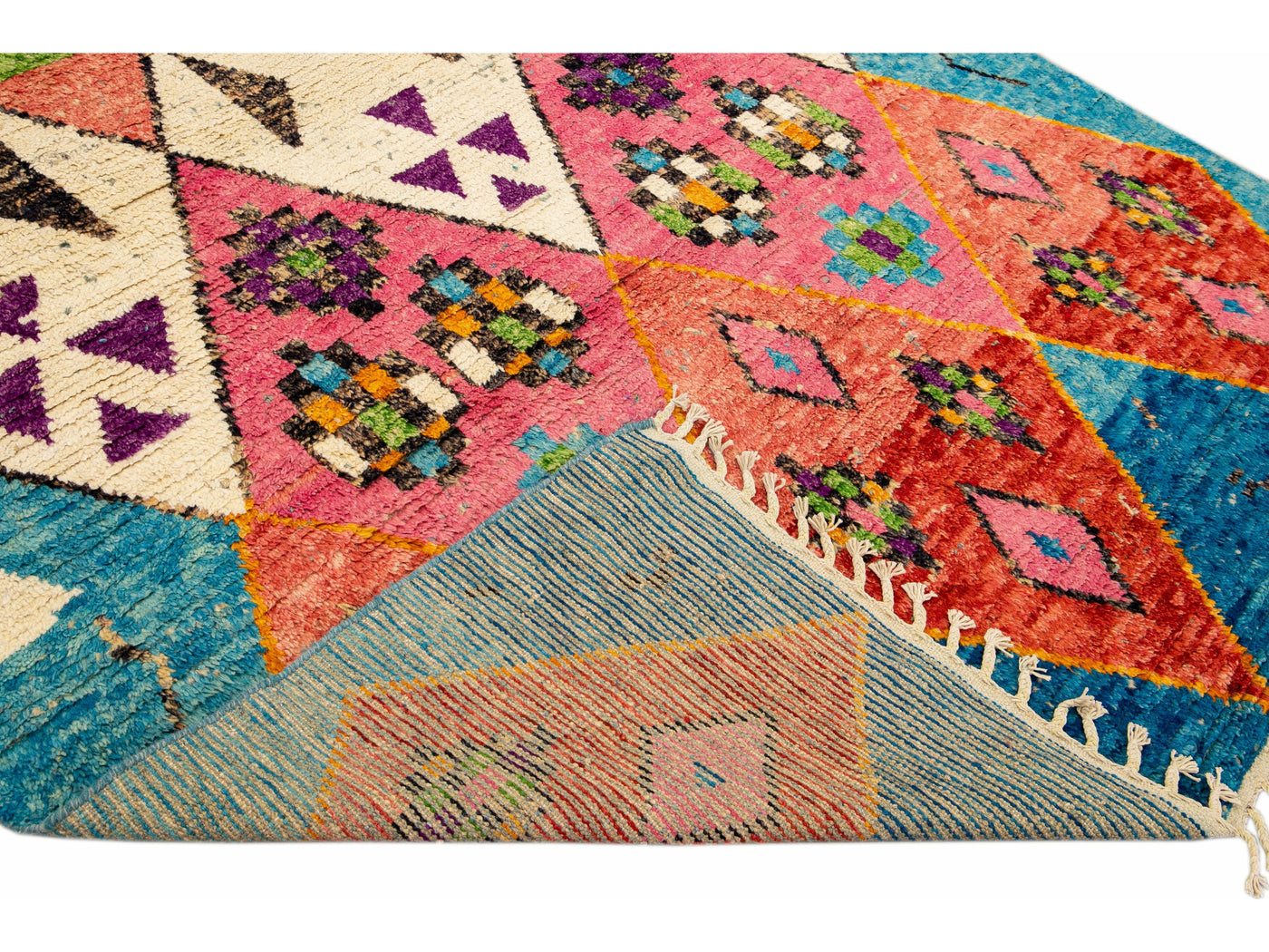 Modern Moroccan Style Handmade Multicolor Tribal Blue Boho Wool Rug