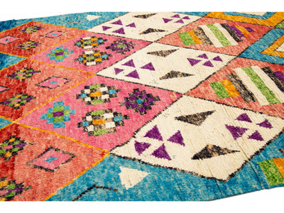 Modern Moroccan Style Handmade Multicolor Tribal Blue Boho Wool Rug