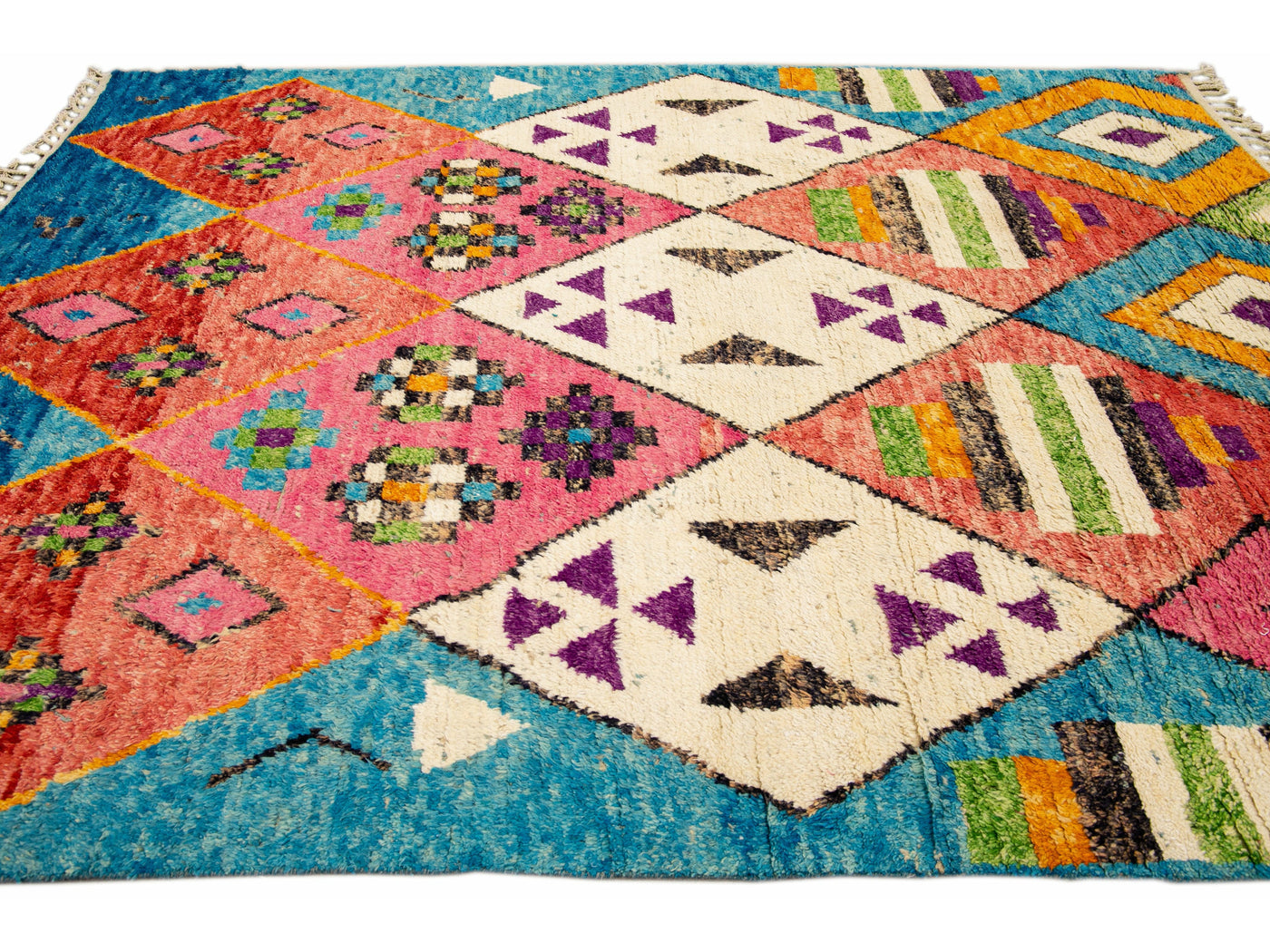 Modern Moroccan Style Handmade Multicolor Tribal Blue Boho Wool Rug