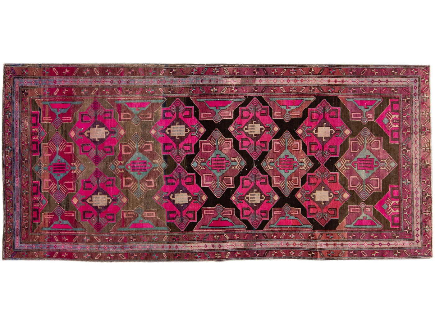 Vintage Persian Malayer Brown & Pink Handmade Wool Runner with Allover Design