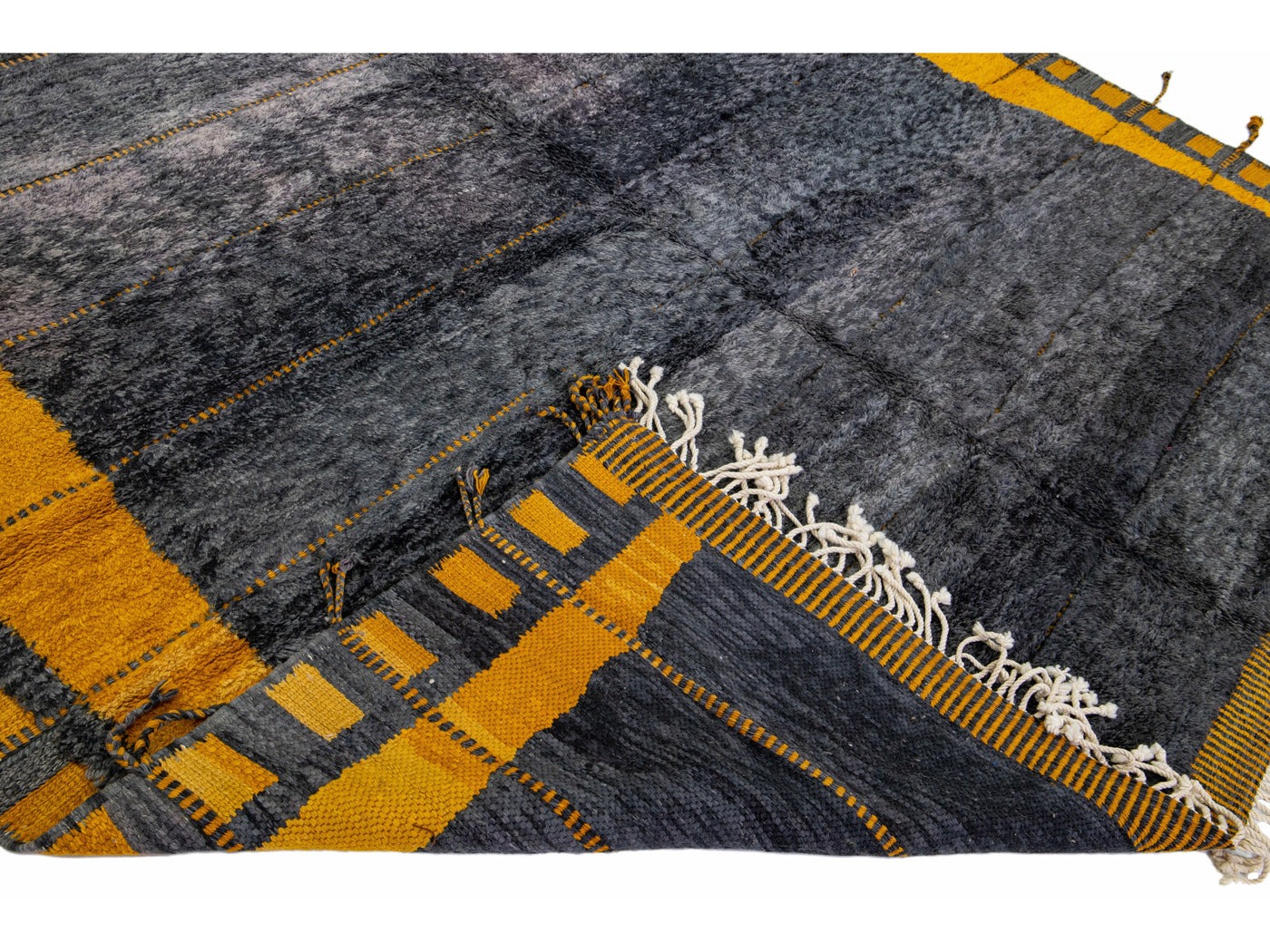 Modern Moroccan Handmade Gray and Yellow Wool Rug With Geometric Design