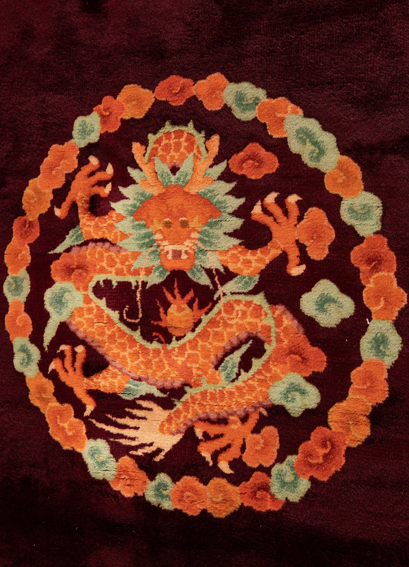 Antique Art Deco Red Handmade Chinese Dragon Design Wool Rug