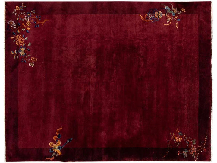 Antique Burgundy Red Art Deco Chinese Wool Rug  9 X 12