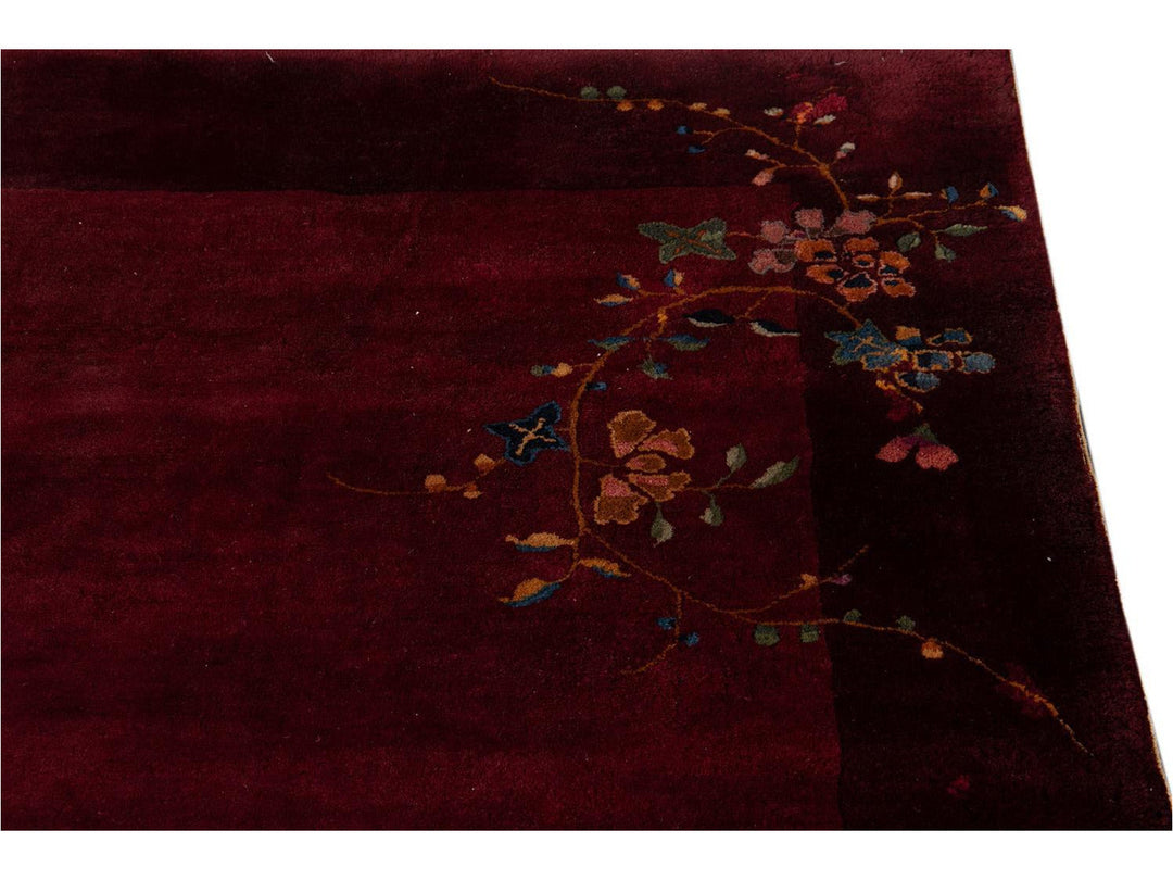 Antique Burgundy Red Art Deco Chinese Wool Rug  9 X 12