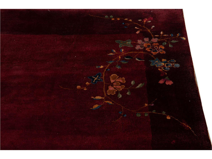 Antique Burgundy Red Art Deco Chinese Wool Rug  9 X 12