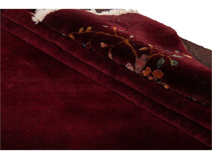 Antique Burgundy Red Art Deco Chinese Wool Rug  9 X 12