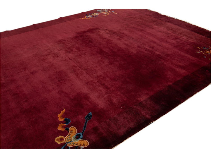 Antique Burgundy Red Art Deco Chinese Wool Rug  9 X 12