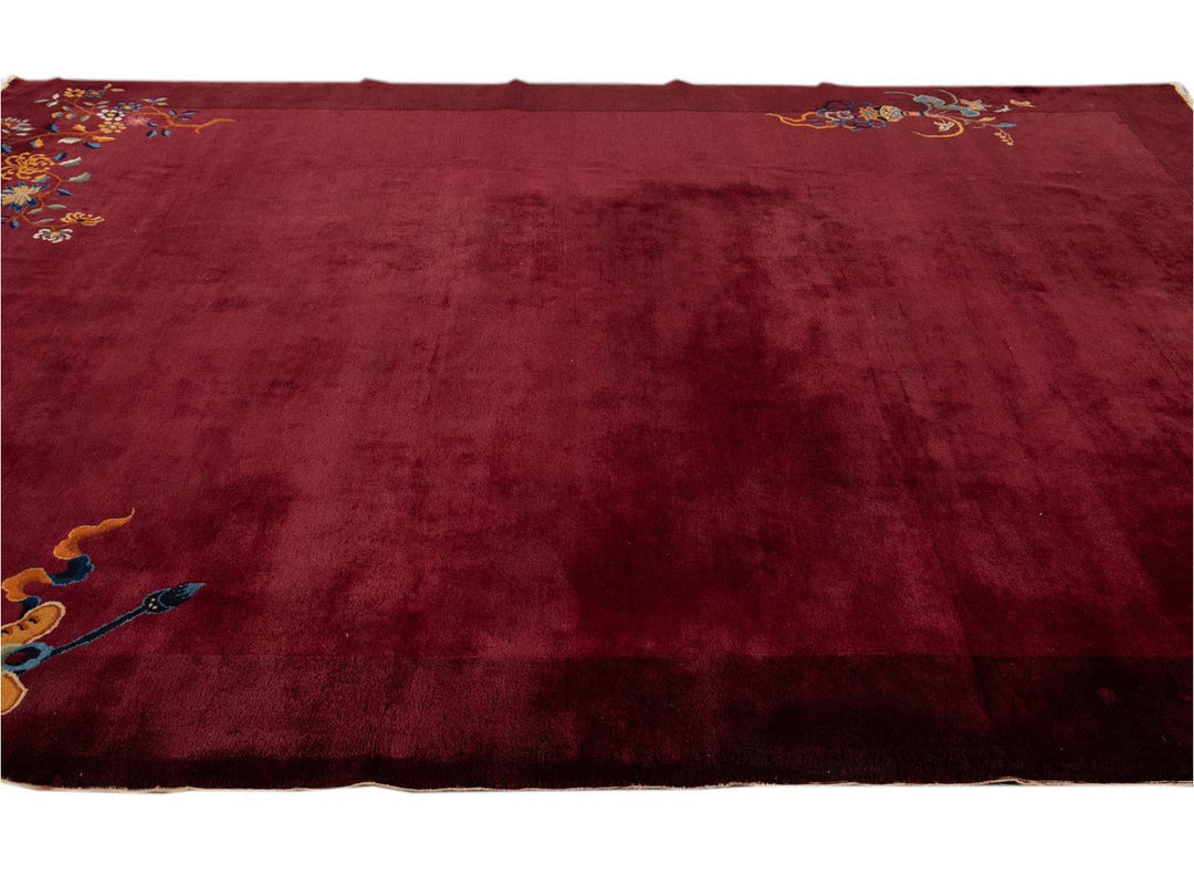 Antique Burgundy Red Art Deco Chinese Wool Rug  9 X 12