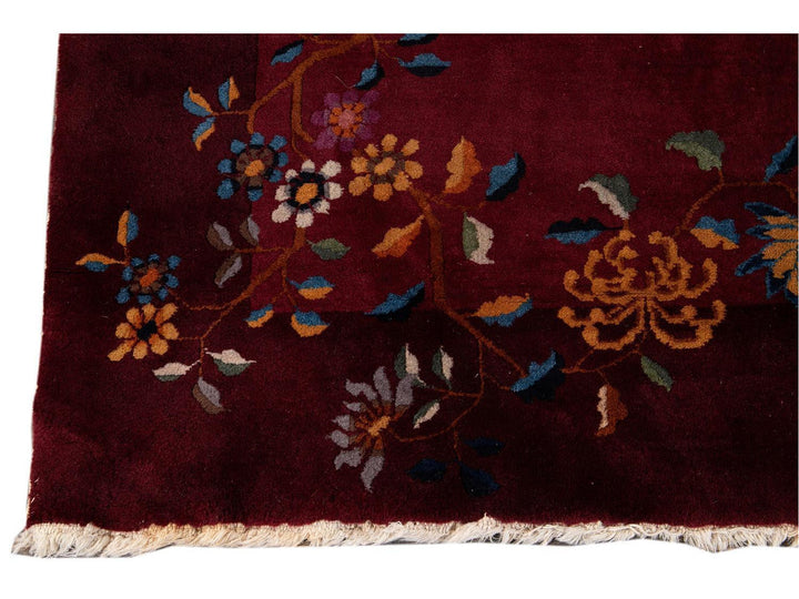 Antique Burgundy Red Art Deco Chinese Wool Rug  9 X 12