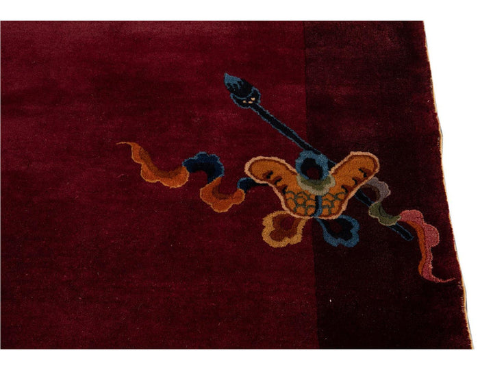 Antique Burgundy Red Art Deco Chinese Wool Rug  9 X 12