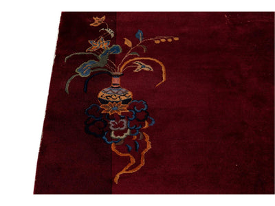 Antique Burgundy Red Art Deco Chinese Wool Rug  9 X 12