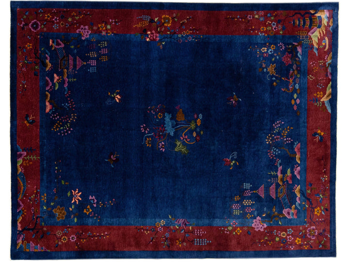 20th Century Antique Art Deco Handmade Blue Chinese Wool Rug Floral Design