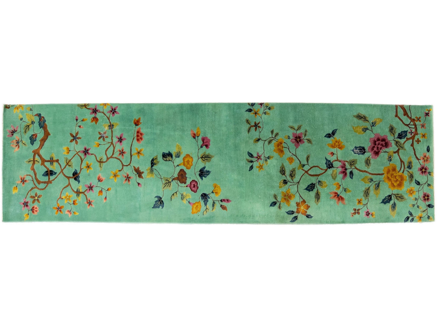 Green Antique Art Deco Handmade Floral Chinese Wool Rug