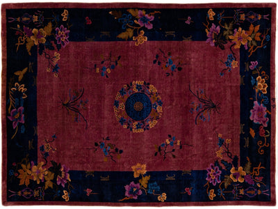 Burgundy Antique Art Deco Handmade Chinese Floral Motif Wool Rug