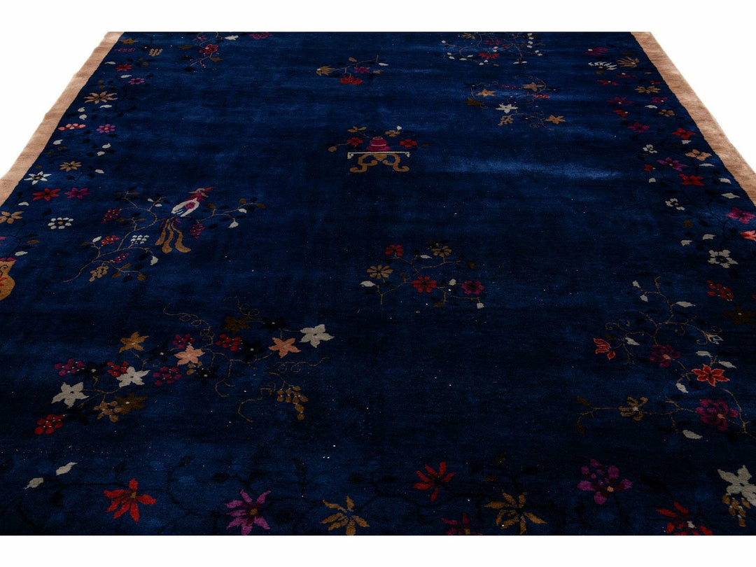 Blue Antique Art Deco Chinese Handmade Floral Wool Rug