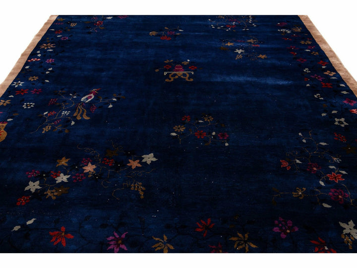 Blue Antique Art Deco Chinese Handmade Floral Wool Rug