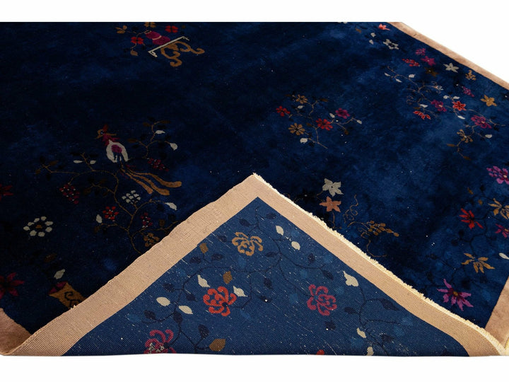 Blue Antique Art Deco Chinese Handmade Floral Wool Rug