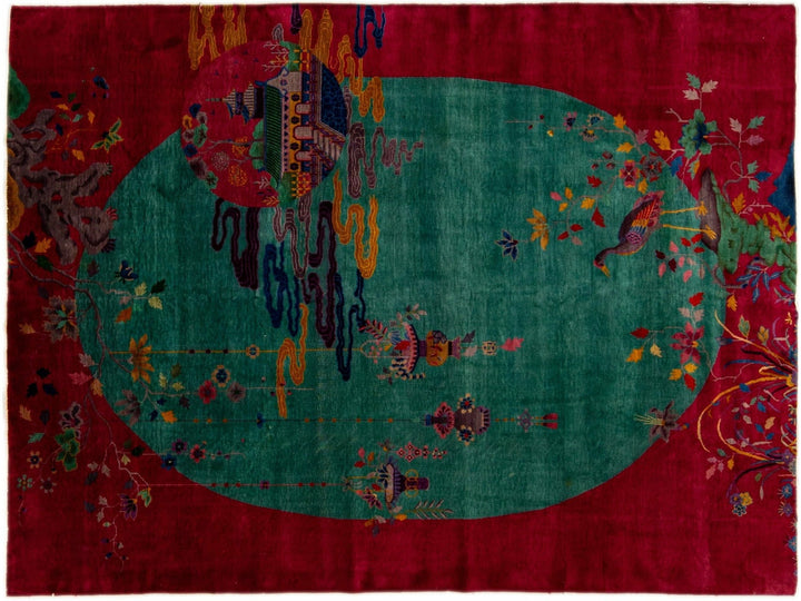  Green And Red Antique Art Deco Handmade Floral Chinese Wool Rug
