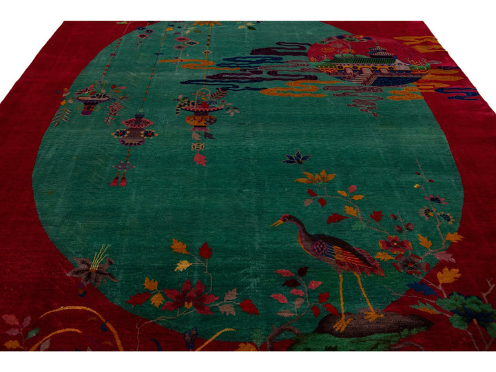  Green And Red Antique Art Deco Handmade Floral Chinese Wool Rug