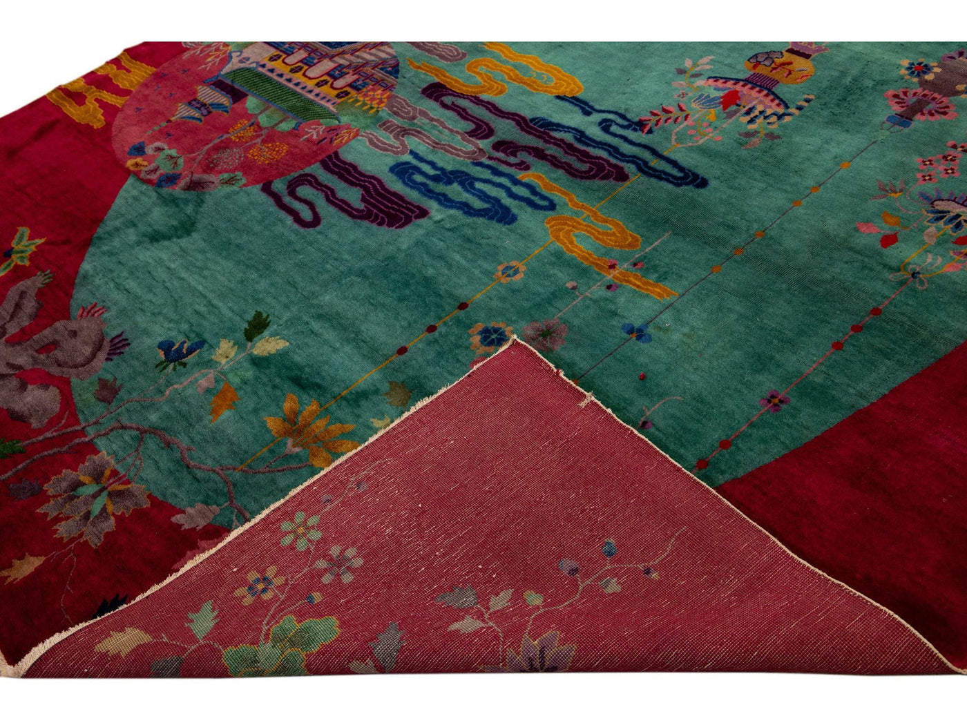  Green And Red Antique Art Deco Handmade Floral Chinese Wool Rug