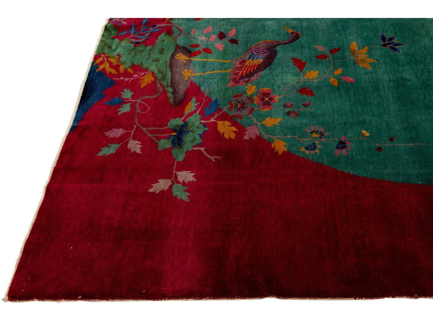 Green And Red Antique Art Deco Handmade Floral Chinese Wool Rug