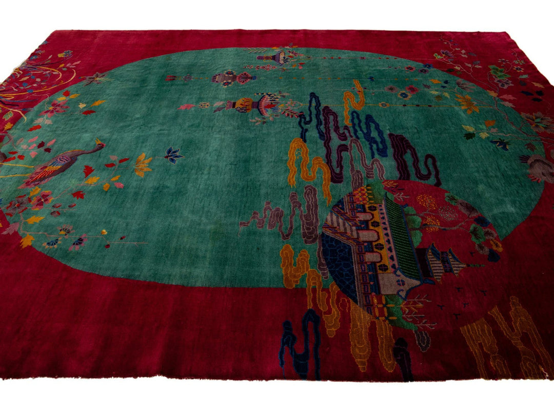  Green And Red Antique Art Deco Handmade Floral Chinese Wool Rug
