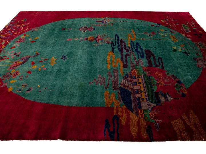  Green And Red Antique Art Deco Handmade Floral Chinese Wool Rug