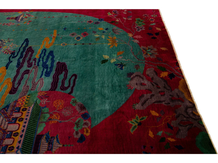  Green And Red Antique Art Deco Handmade Floral Chinese Wool Rug