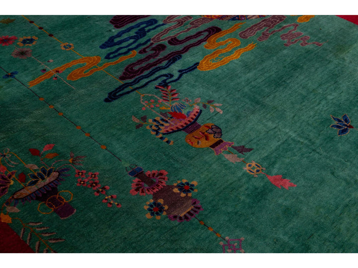  Green And Red Antique Art Deco Handmade Floral Chinese Wool Rug