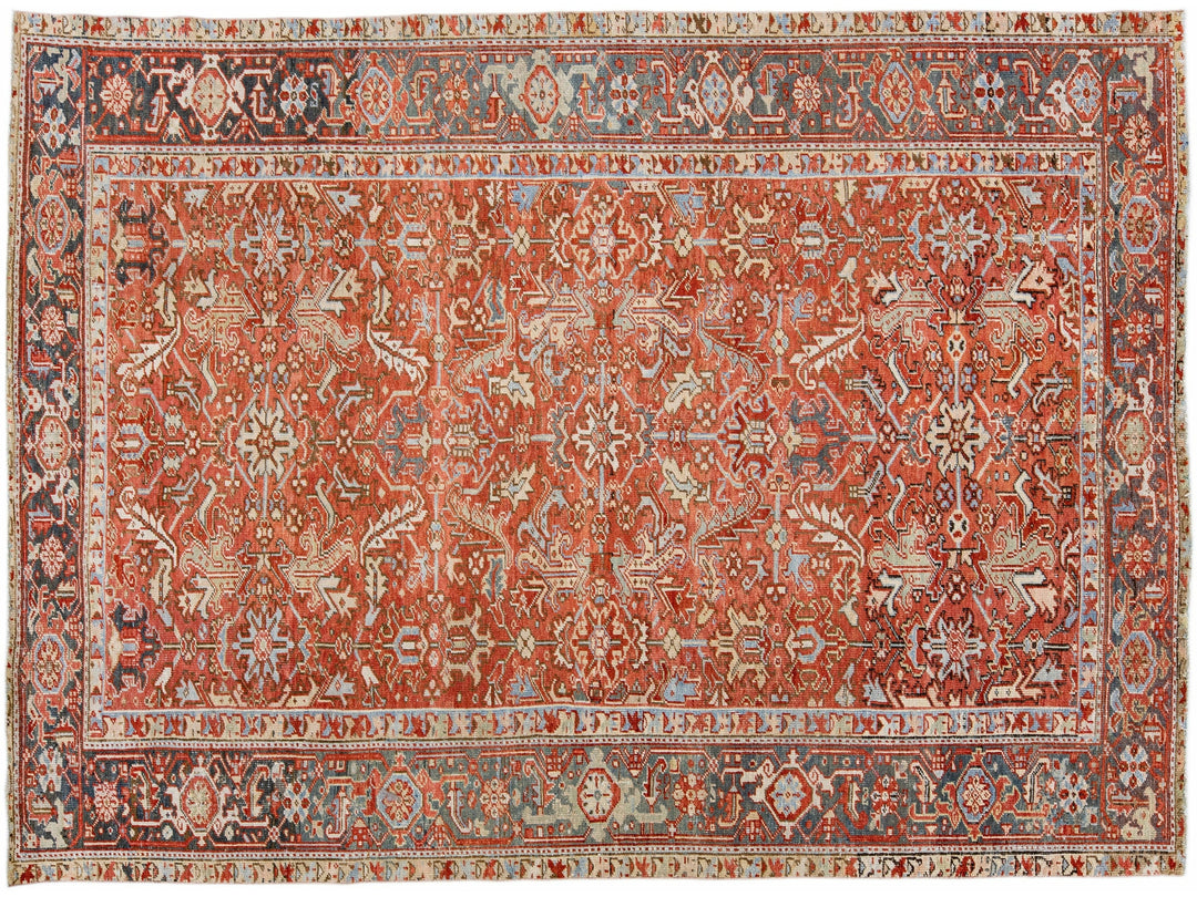 Antique Persian Heriz Handmade Allover Floral Orange Wool Rug