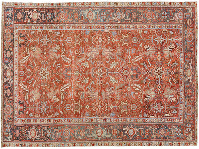 Antique Persian Heriz Handmade Allover Floral Orange Wool Rug