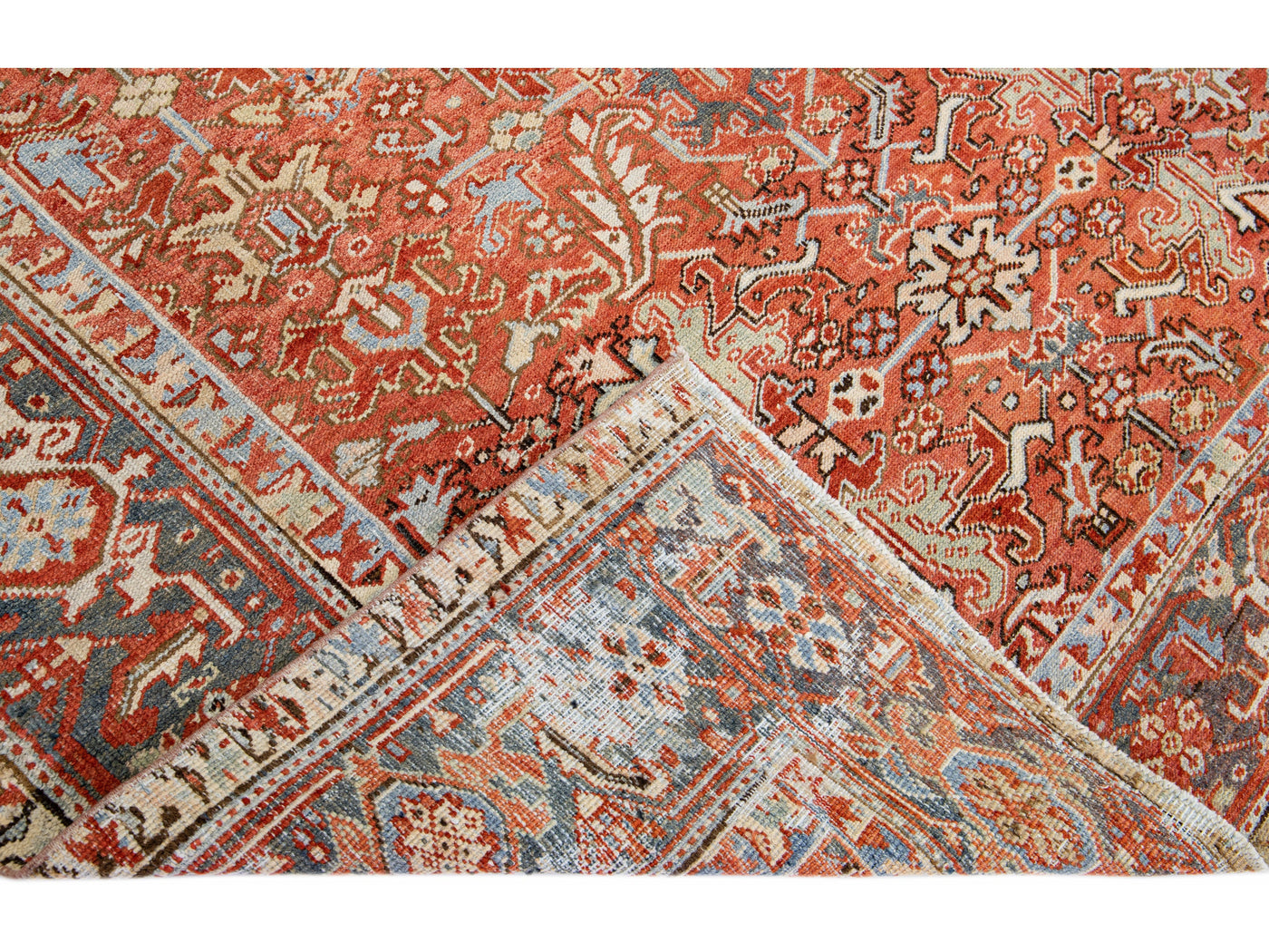 Antique Persian Heriz Handmade Allover Floral Orange Wool Rug