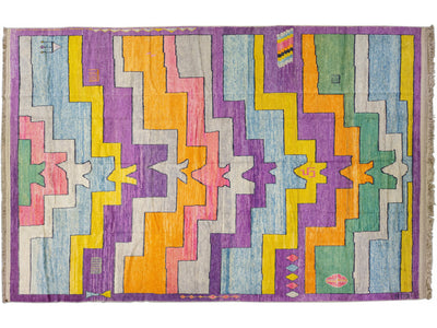 Modern Turkish Tulu Handmade Multicolor Geometric Motif Oversize Wool Rug
