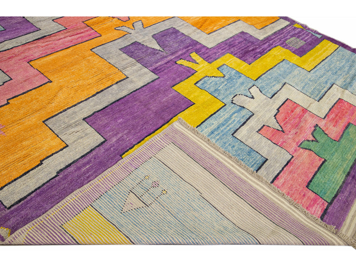 Modern Turkish Tulu Handmade Multicolor Geometric Motif Oversize Wool Rug