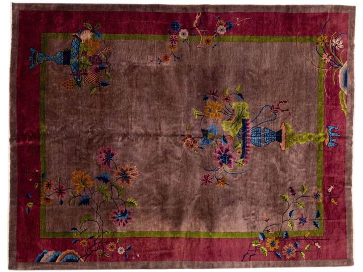 Antique Chinese Art Deco Handmade Burgundy Wool Rug with Floral Motif