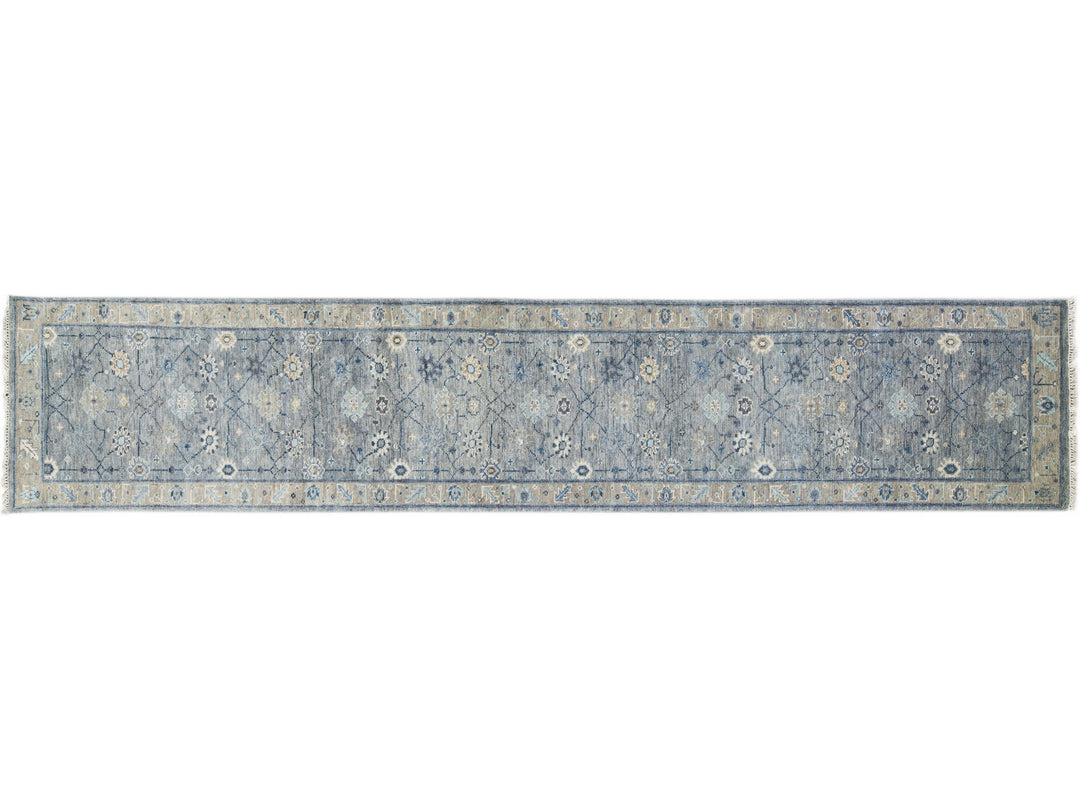 Modern Gray Oushak Style Handmade Floral Motif Wool Runner
