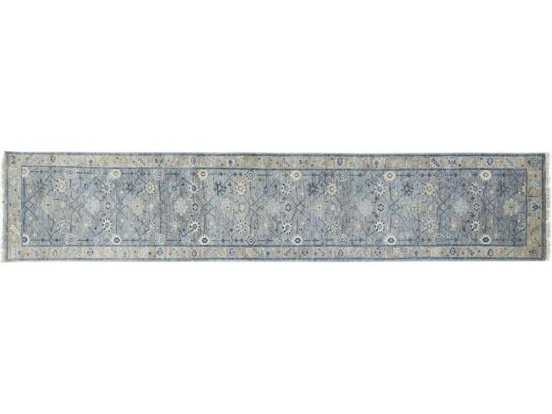 Modern Gray Oushak Style Handmade Floral Motif Wool Runner