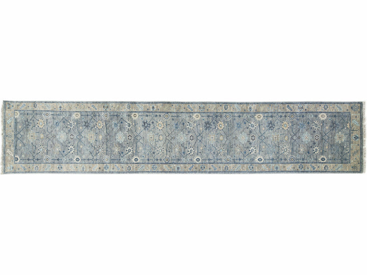 Modern Gray Oushak Style Handmade Floral Motif Wool Runner