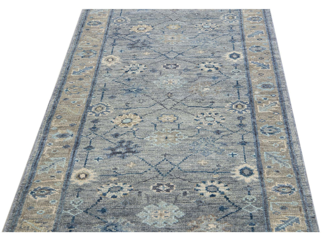 Modern Gray Oushak Style Handmade Floral Motif Wool Runner